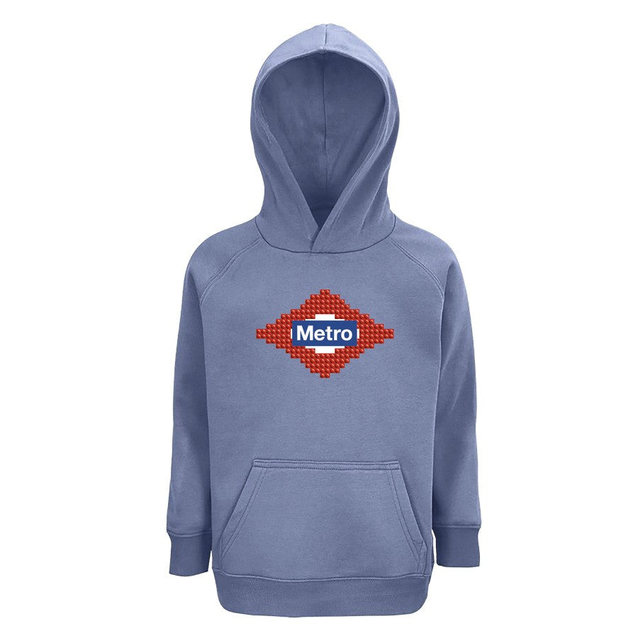 Sudadera azul con capucha para niños, logo Metro Madrid en el pecho, diseño casual.