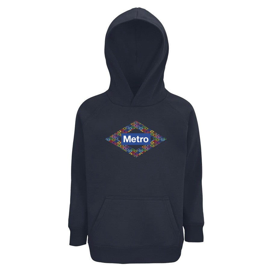 Sudadera azul con capucha para niños, logo Metro con patrón colorido en el pecho