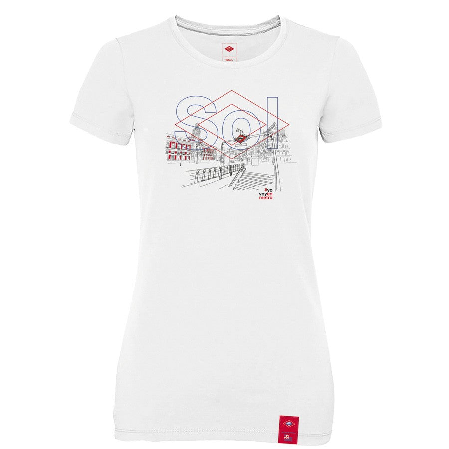 Camiseta blanca mujer con ilustración de la estación Sol del metro de Madrid, diseño minimalista
