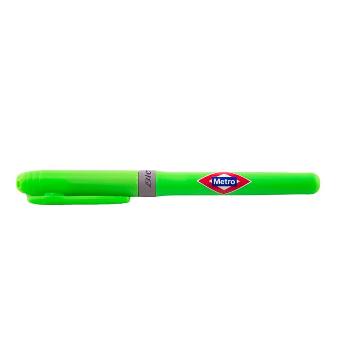 Plumón fluorescente verde BIC con logotipo Metro sobre fondo blanco
