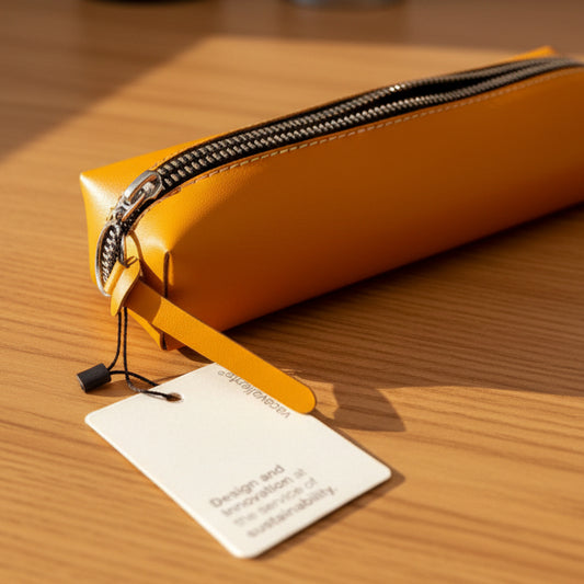Estuche naranja de cuero vegano con cremallera y etiqueta de sostenibilidad sobre fondo blanco.