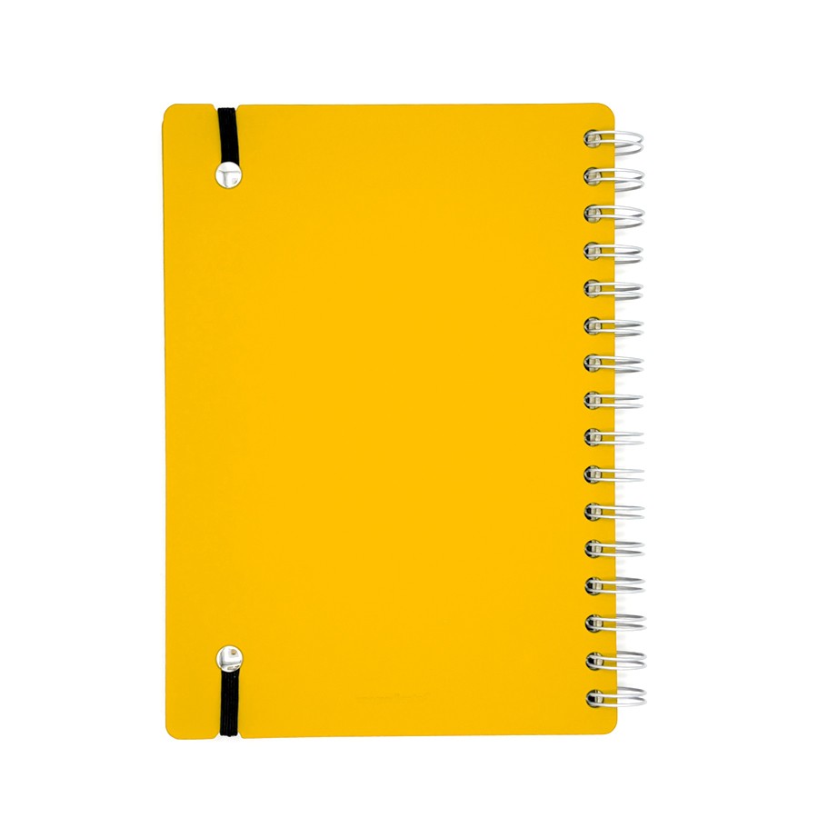 Libreta de espiral amarilla con tapas rígidas y banda elástica, papelería escolar
