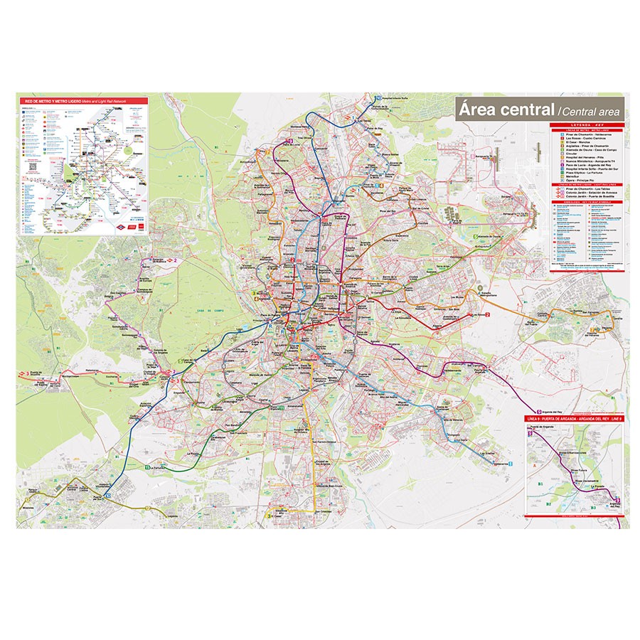 Mapa detallado del metro y tren de Madrid, líneas de transporte público, área central.