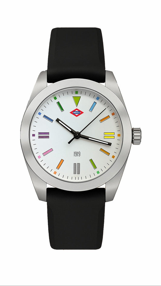 Reloj de pulsera moderno con correa negra, carátula blanca y marcadores de colores.