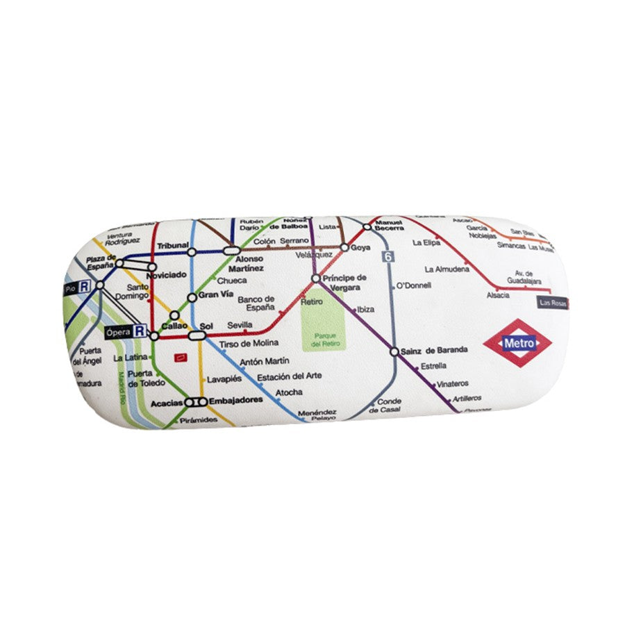 Estuche gafas con diseño de mapa del metro de Madrid en colores vivos y estaciones nombradas