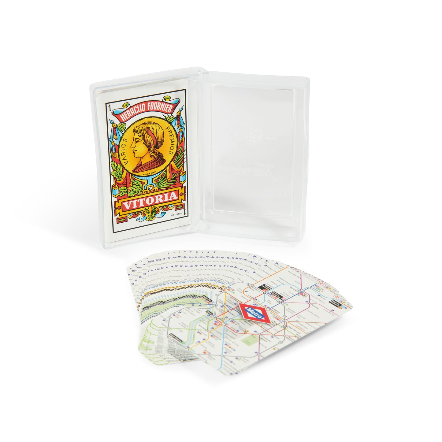 Baraja española Heraclio Fournier con caja plástica y cartas con diseño de mapa metro Madrid