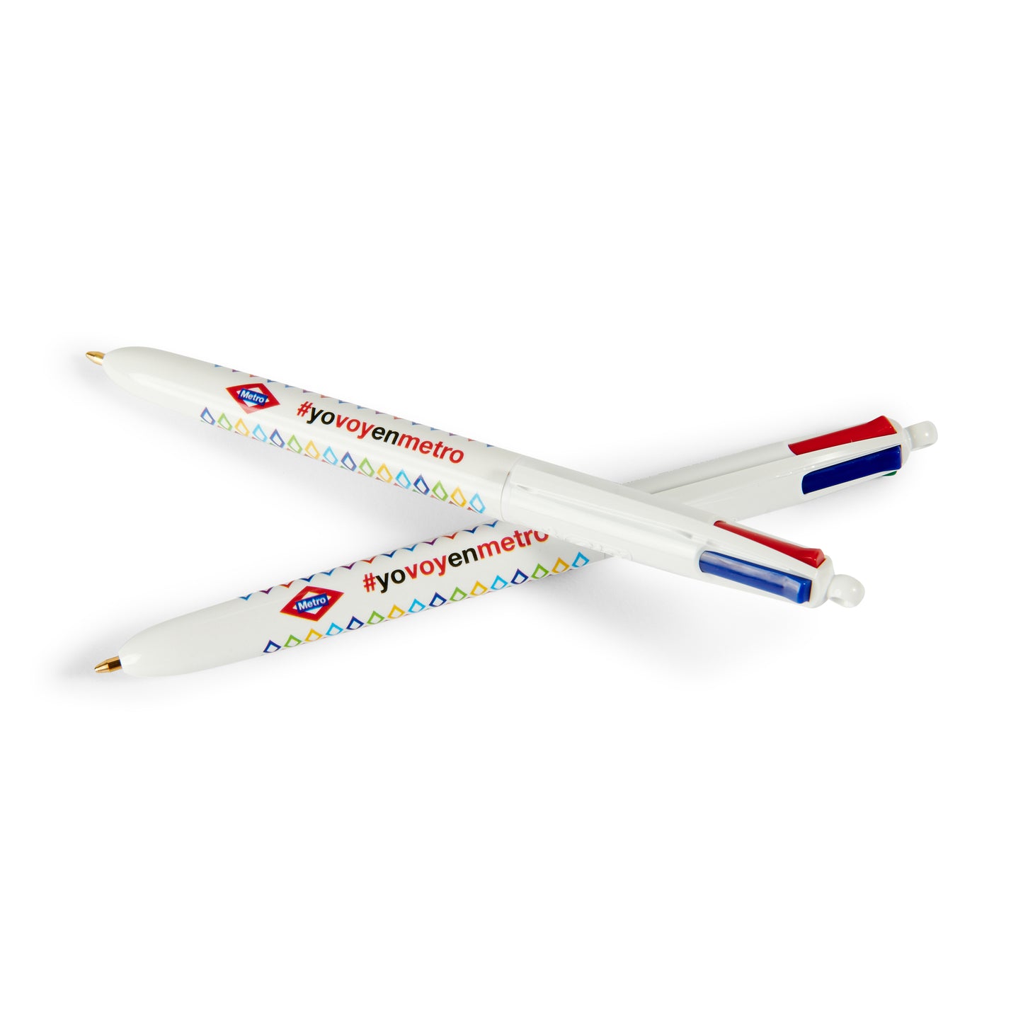 Bolígrafos blancos Metro de Madrid con hashtag #yovoyenmetro y multicolores sobre fondo blanco