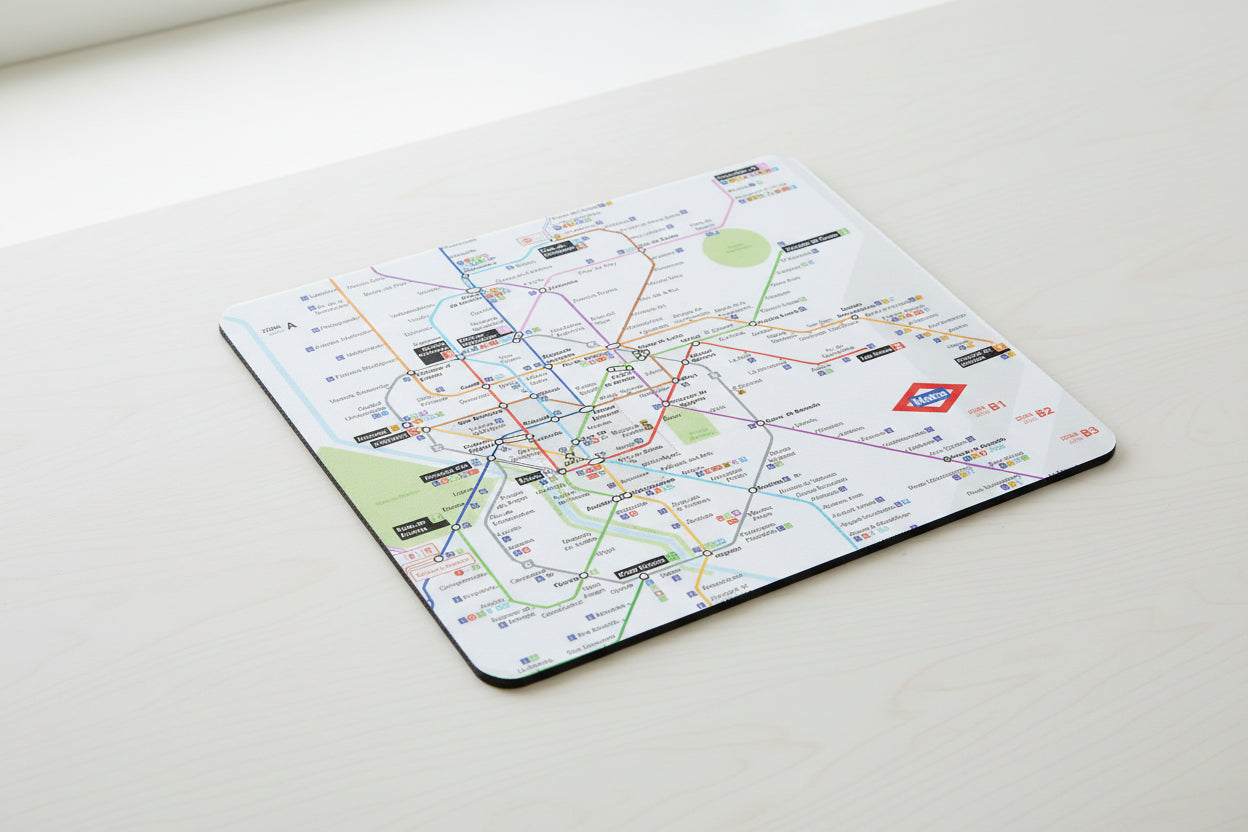 Mapa del metro de Madrid impreso en tabla blanca, líneas y estaciones visibles.
