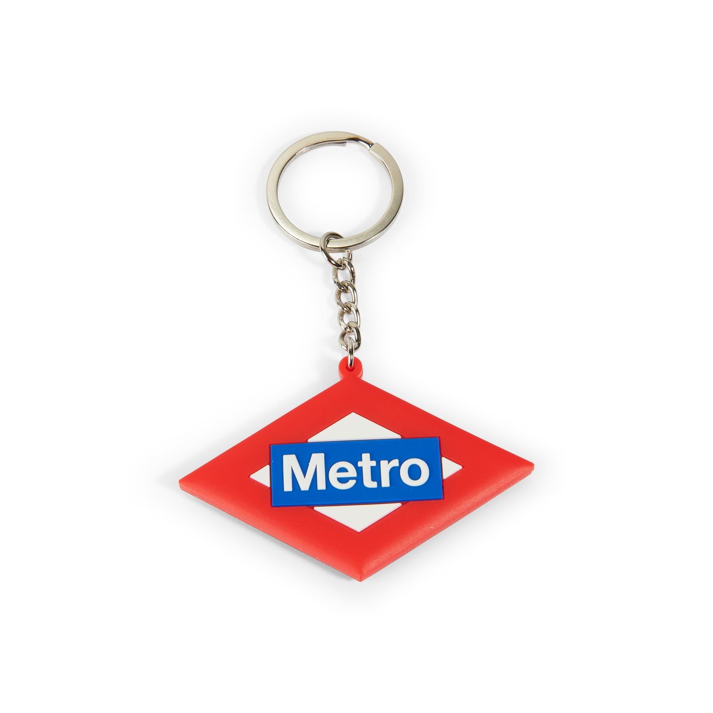 Llavero del Metro de Madrid con logotipo azul y borde rojo sobre fondo blanco.