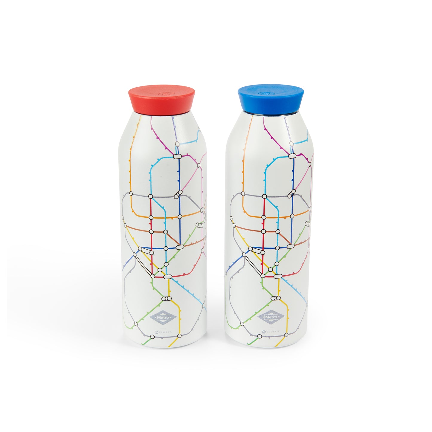 Botellas reutilizables con diseño de mapa del metro, tapas roja y azul, fondo blanco