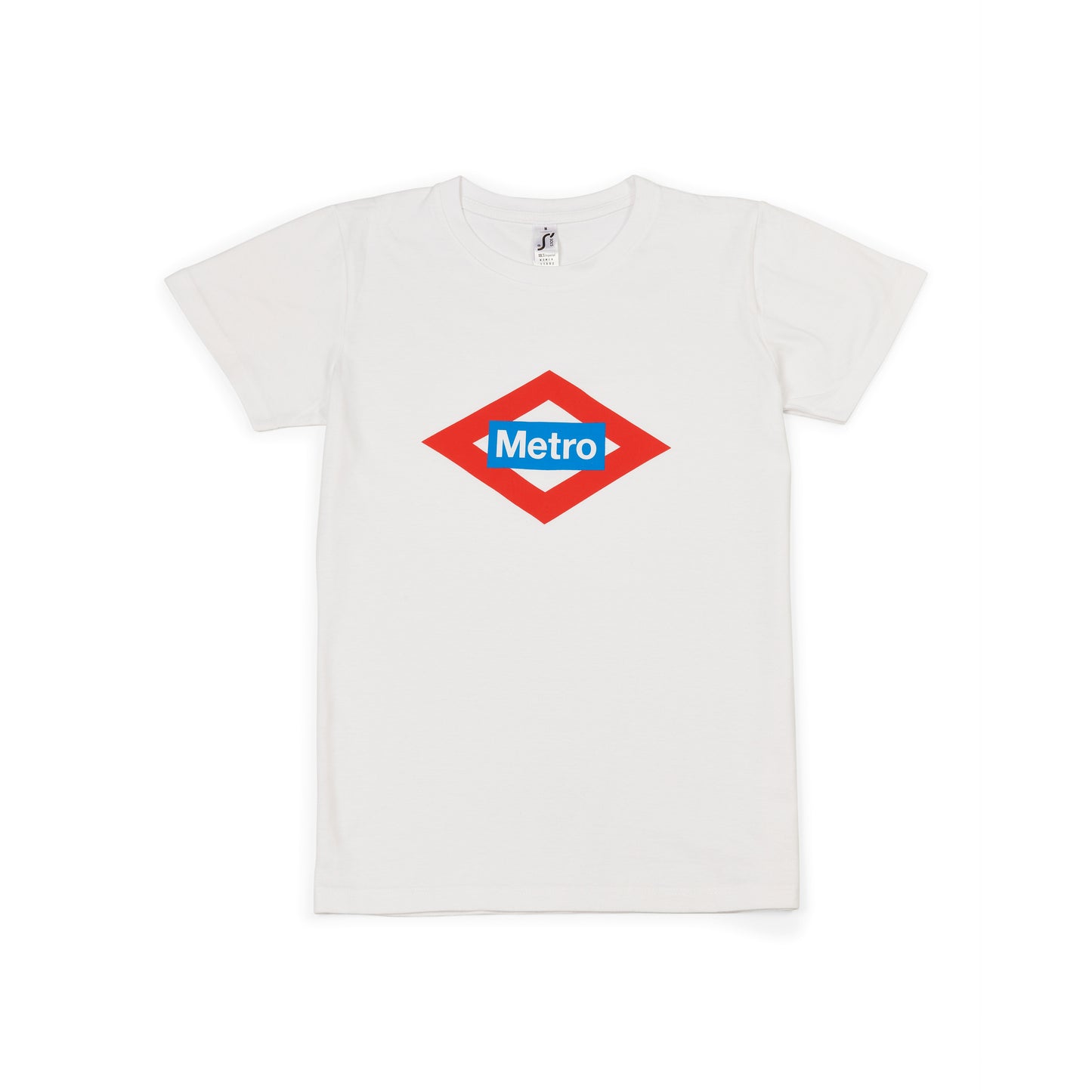 Camiseta blanca con logo Metro de Madrid en el centro, diseño urbano y minimalista