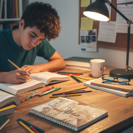 Estudiante adolescente escribiendo en escritorio con libros, cuadernos y lápices de colores