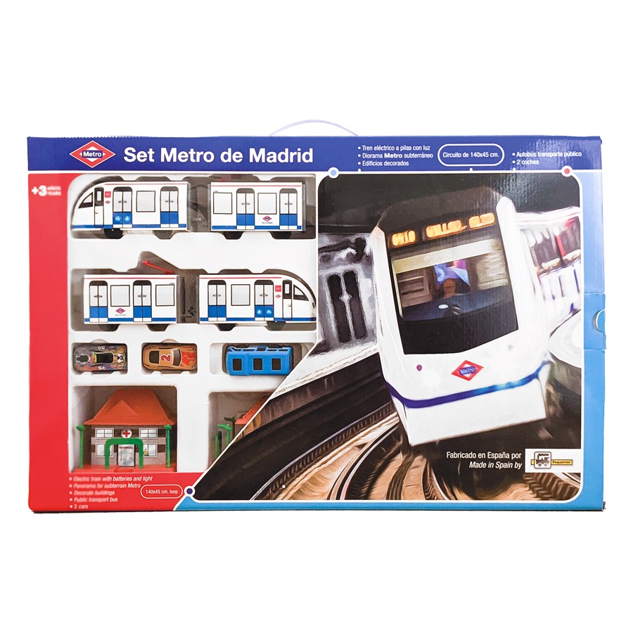 Set de tren eléctrico Metro de Madrid para niños, incluye vagones y estación en caja.