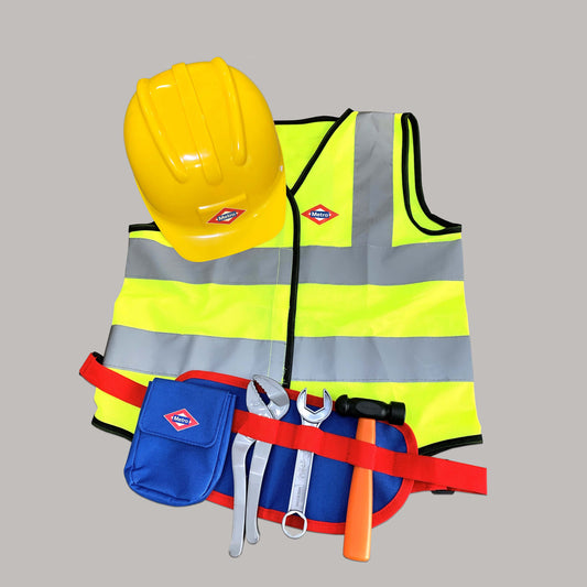 Kit de seguridad infantil Metro con casco amarillo, chaleco reflectante y cinturón con herramientas