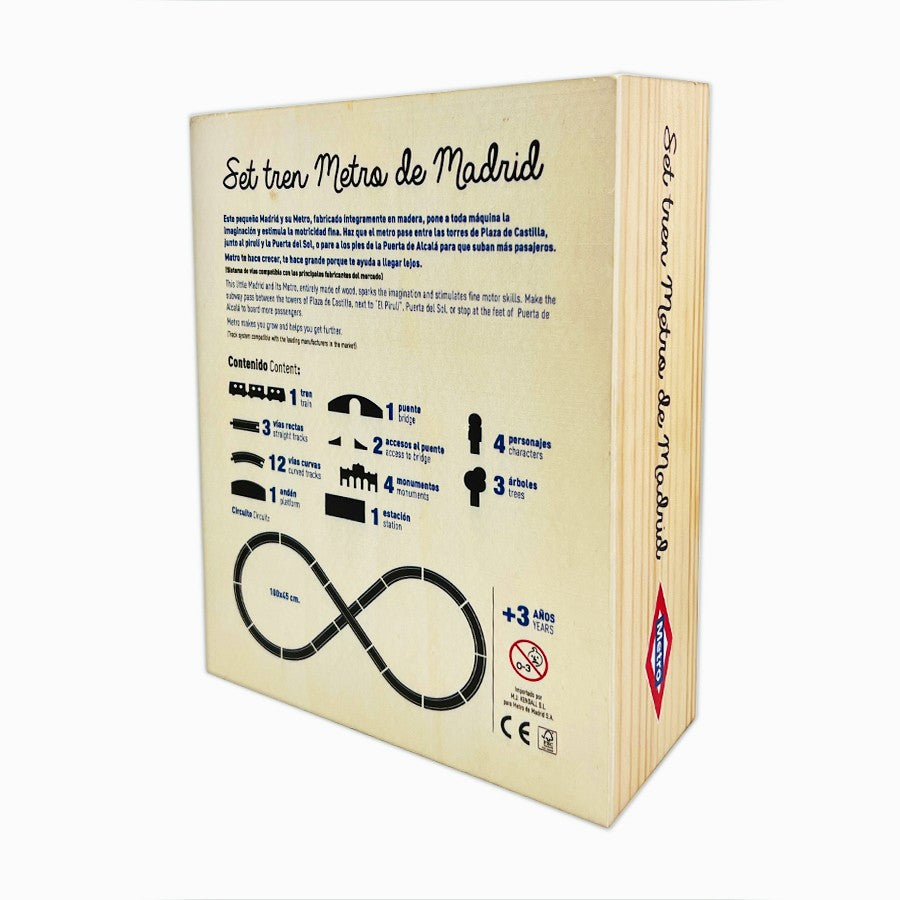 Caja de set tren Metro de Madrid de madera con descripción y contenidos ilustrados en español