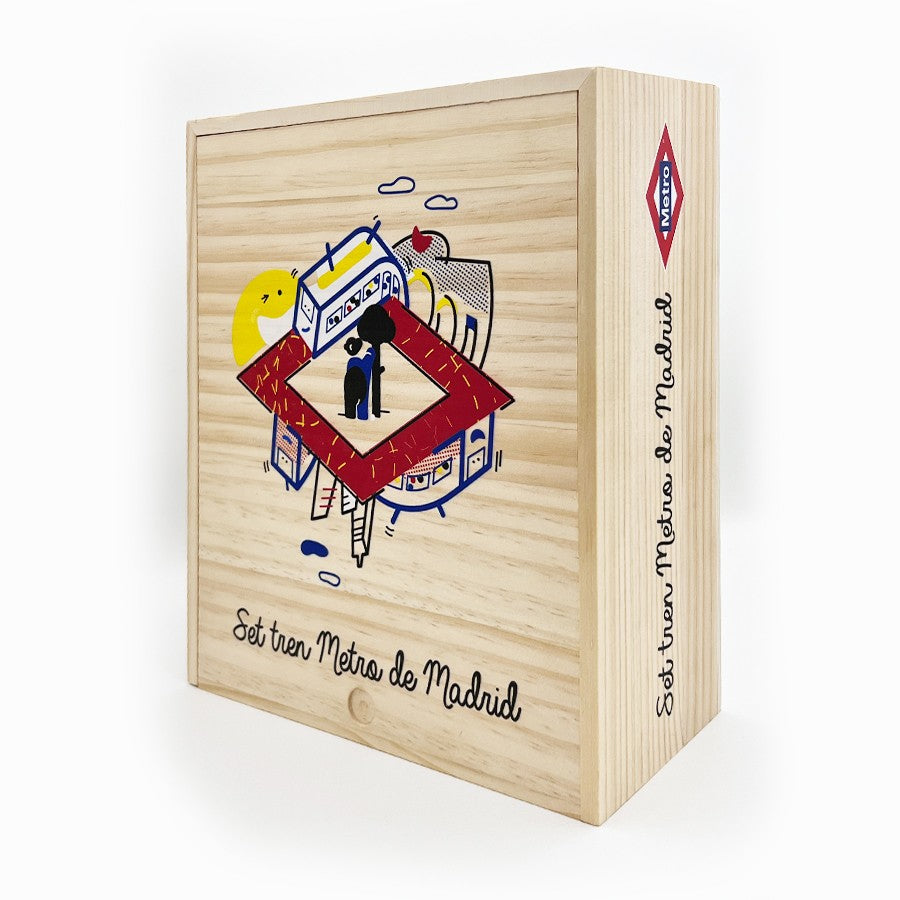 Caja de madera Set tren Metro de Madrid con ilustración colorida y logo del metro