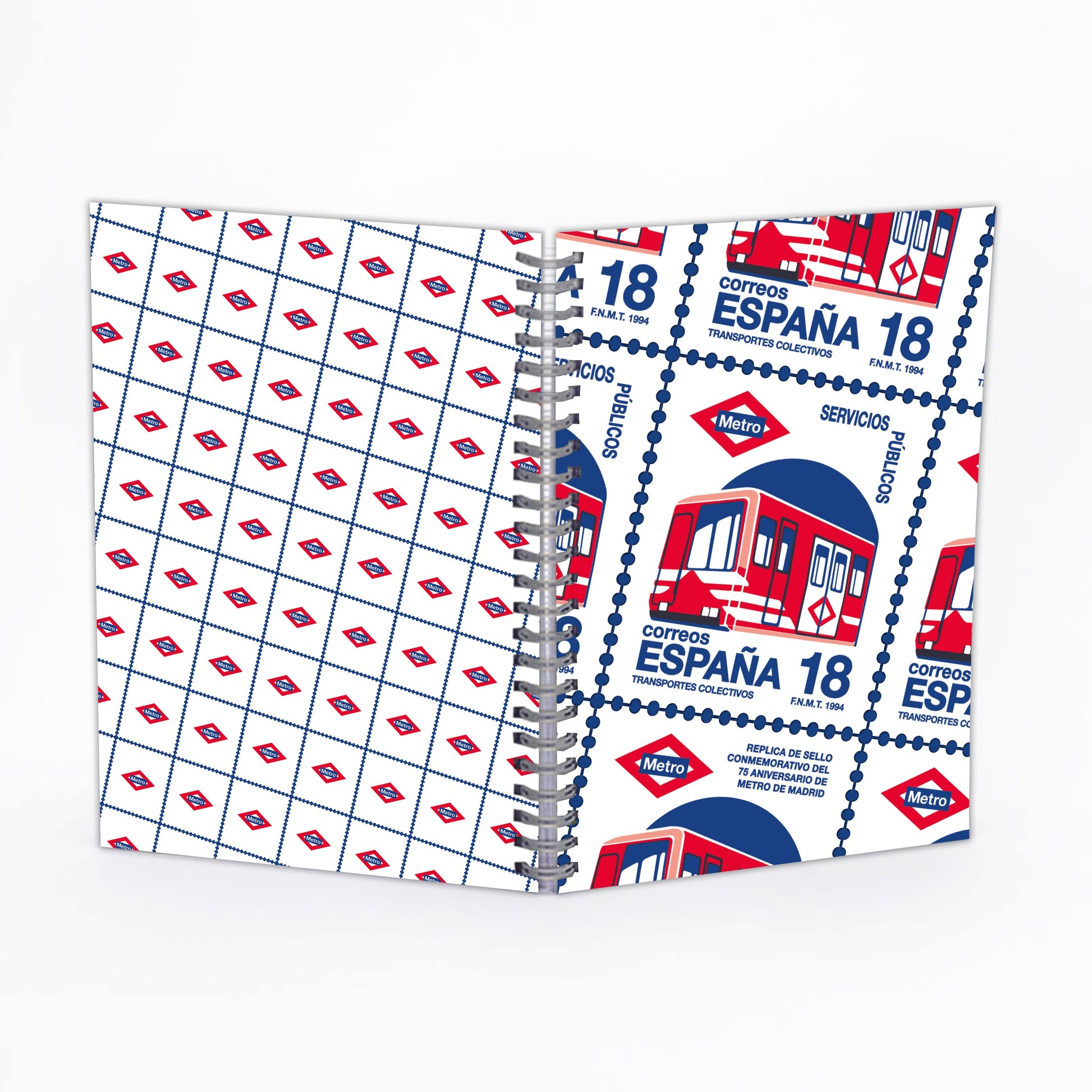 Libreta diseño Metro de Madrid, portada con estampillas Correos España y tren rojo, espiral metálico.