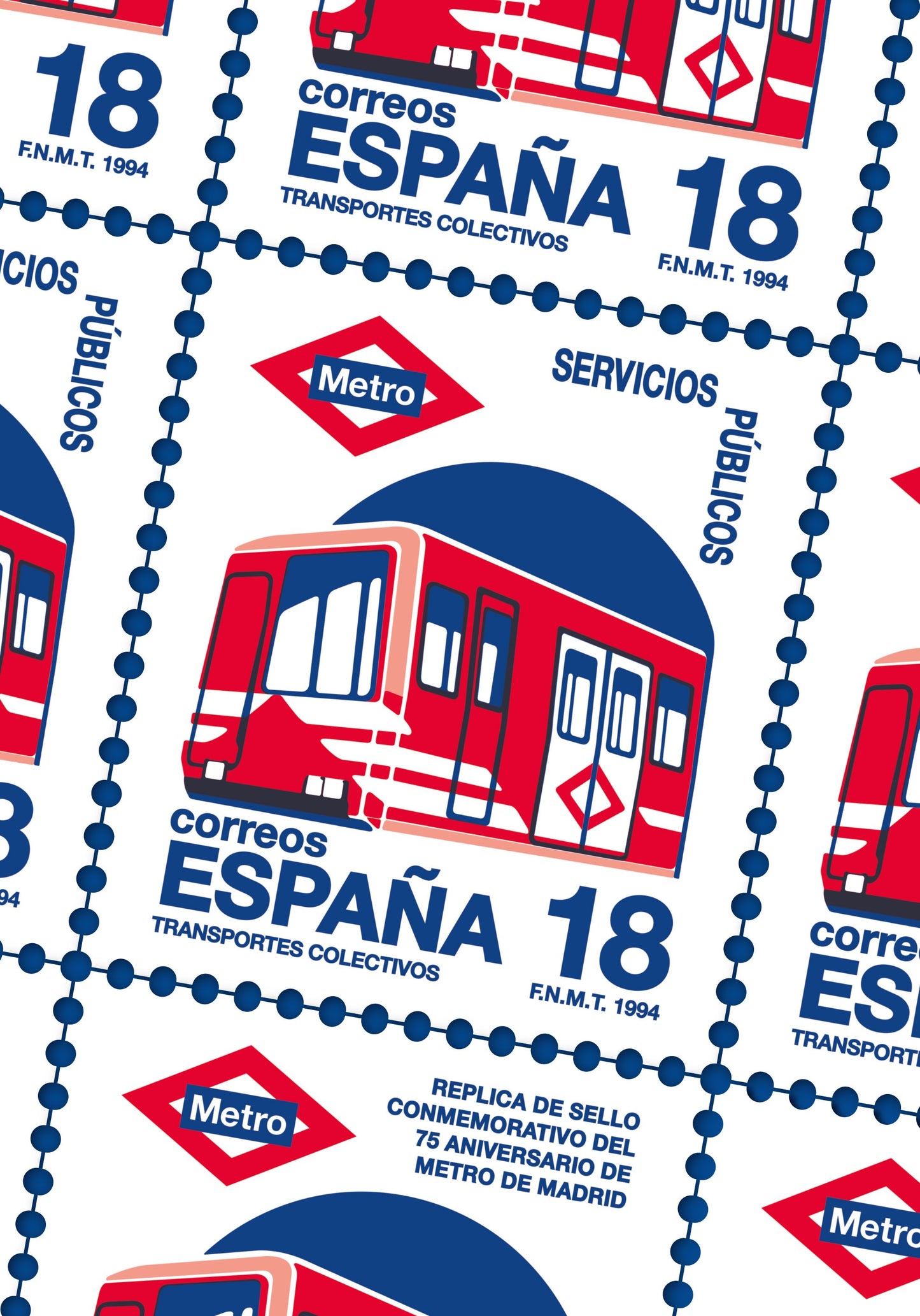 Sello con dibujo de tren del metro de Madrid, texto correos España, 18 pesetas, 1994.