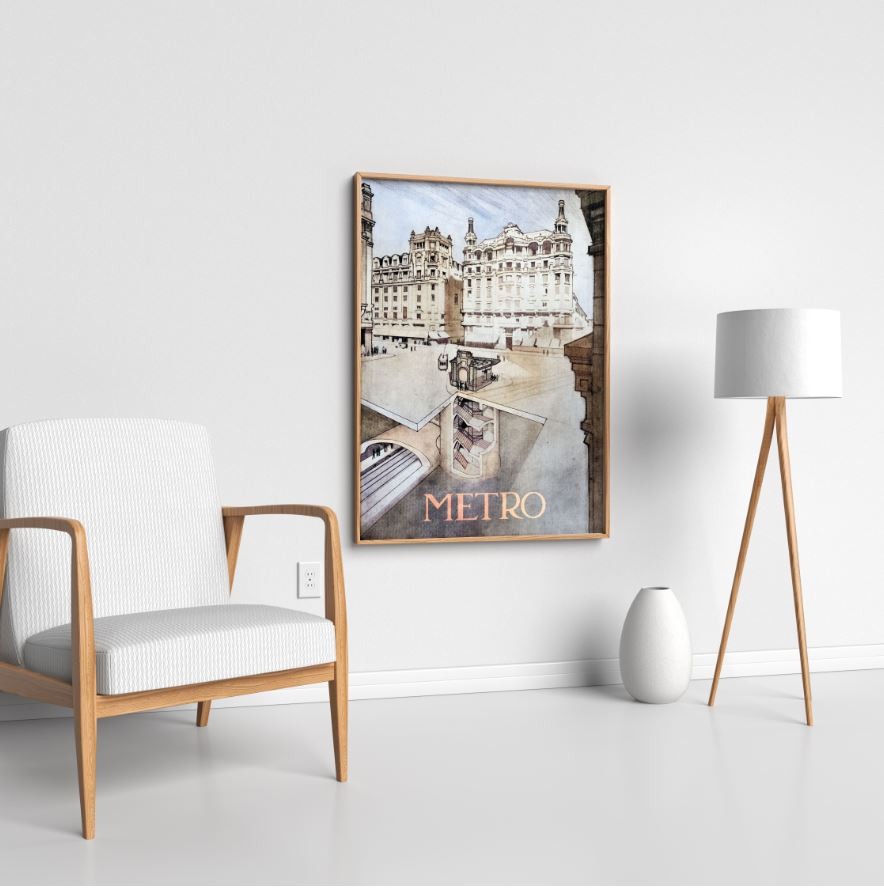Cuadro decorativo de edificio clásico y entrada de metro en sala minimalista con sillón y lámpara