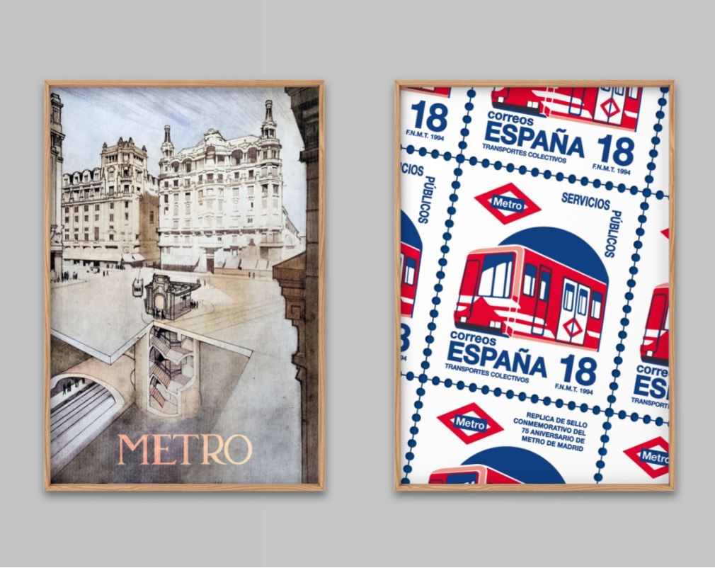 Pósteres del Metro de Madrid, uno con ilustración urbana y otro con sello conmemorativo español.