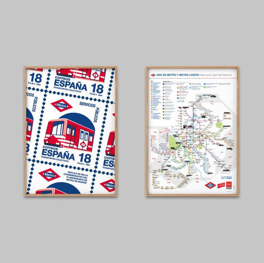Pósteres enmarcados del Metro de Madrid, uno con sello con vagón y otro con mapa de la red de metro.