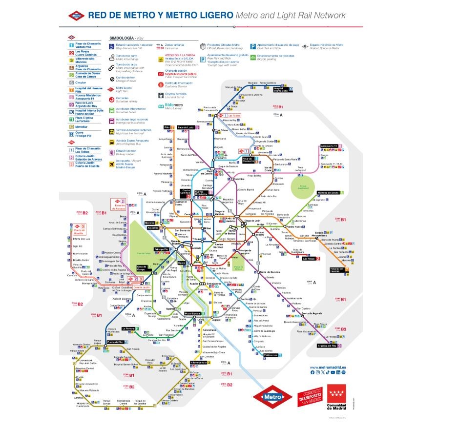 Mapa de la red de Metro y Metro Ligero de Madrid, líneas de colores y estaciones.