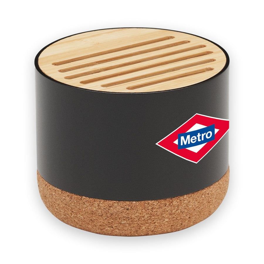 Altavoz Bluetooth de bambú y corcho color negro con logo Metro impreso