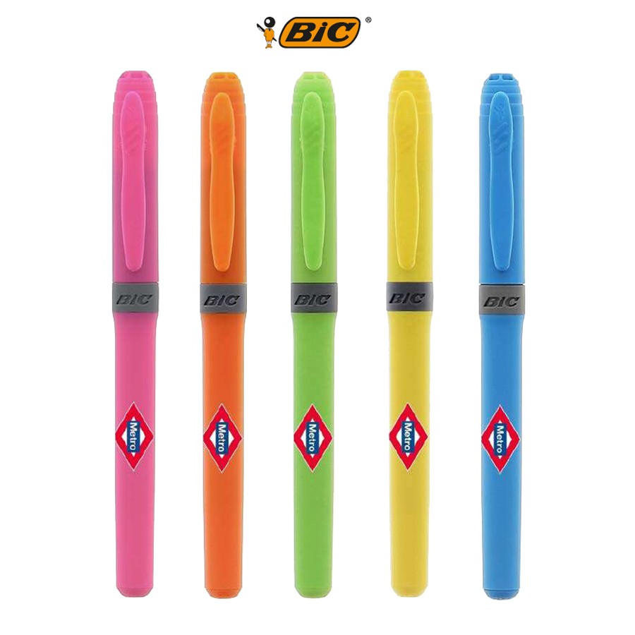 Plumas BIC de colores rosa, naranja, verde, amarillo y azul, logo Metro Barcelona.