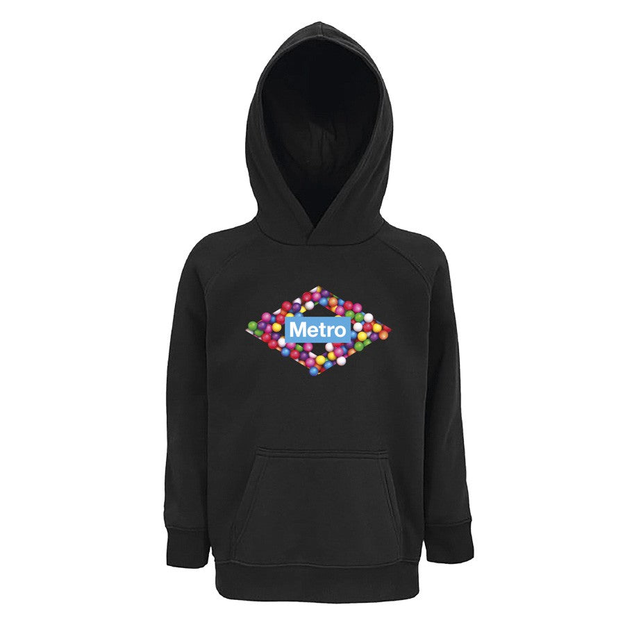 Sudadera negra infantil con capucha y logo Metro rodeado de esferas de colores