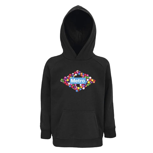 Sudadera negra infantil con capucha y logo Metro rodeado de esferas de colores