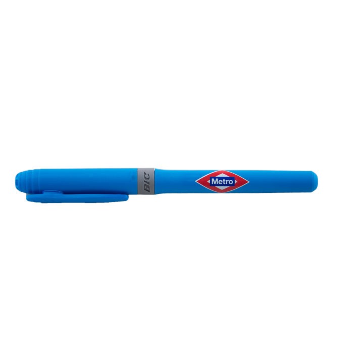 Pluma BIC azul con tapa y logo Metro sobre fondo blanco