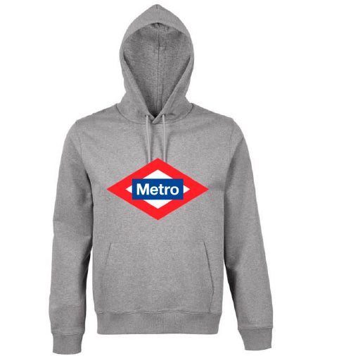 Sudadera gris con capucha y logo Metro de Madrid en el pecho