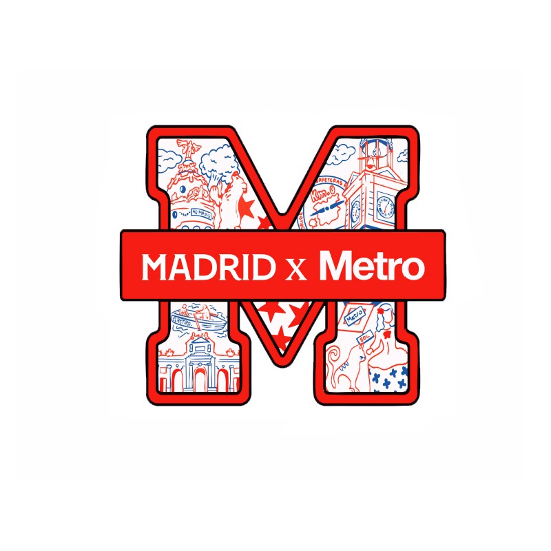 Logo M roja con ilustraciones de Madrid y texto 'MADRID x Metro' en el centro.