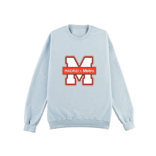 Sudadera azul claro con logo grande M Madrid x Metro en blanco y rojo