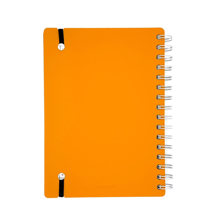 Cuaderno naranja de espiral con tapa dura, diseño minimalista y elástico negro