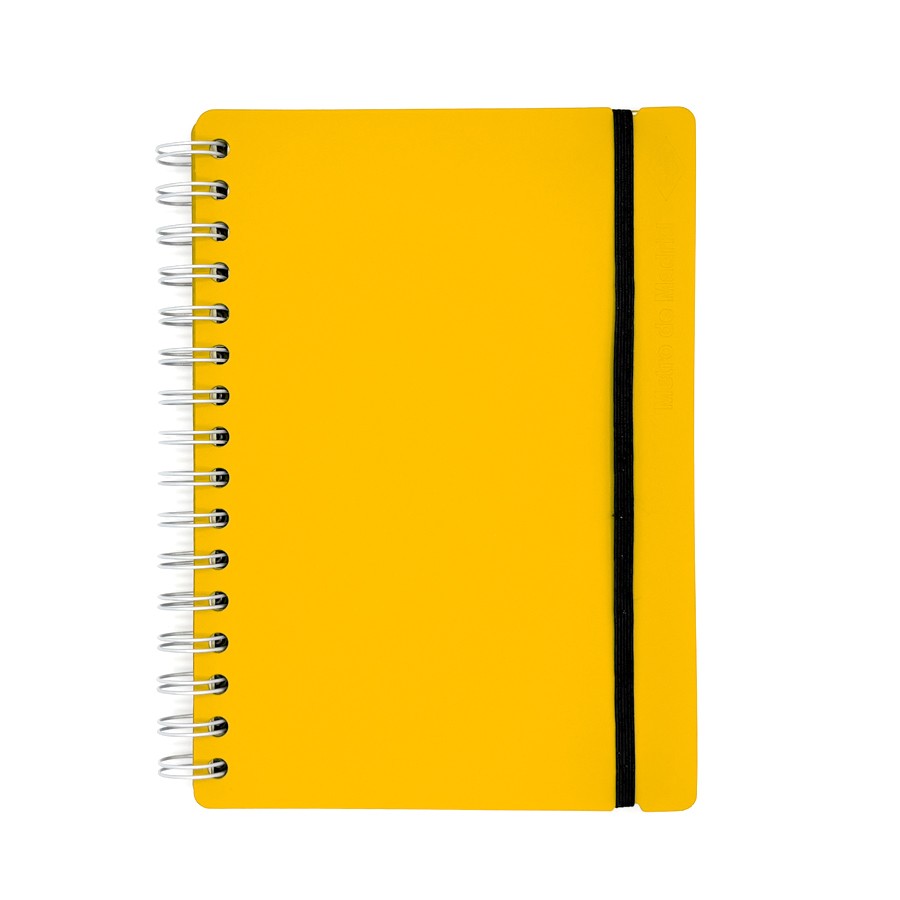 Cuaderno anillado amarillo con banda elástica negra, portada lisa, papelería escolar