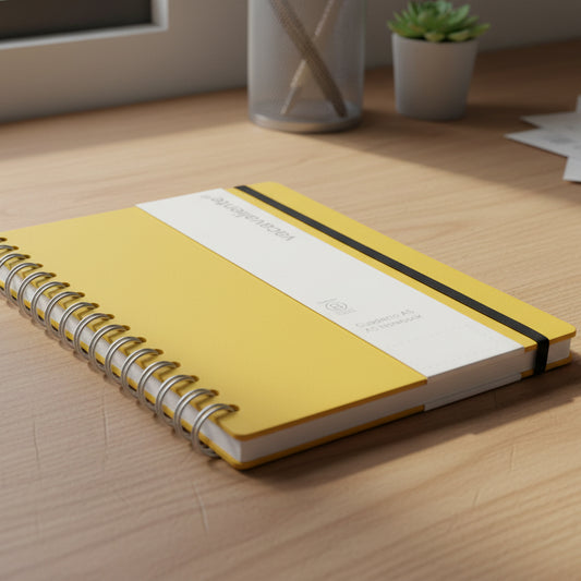 Cuaderno A5 amarillo con espiral y banda elástica negra, marca Vacavaliente.