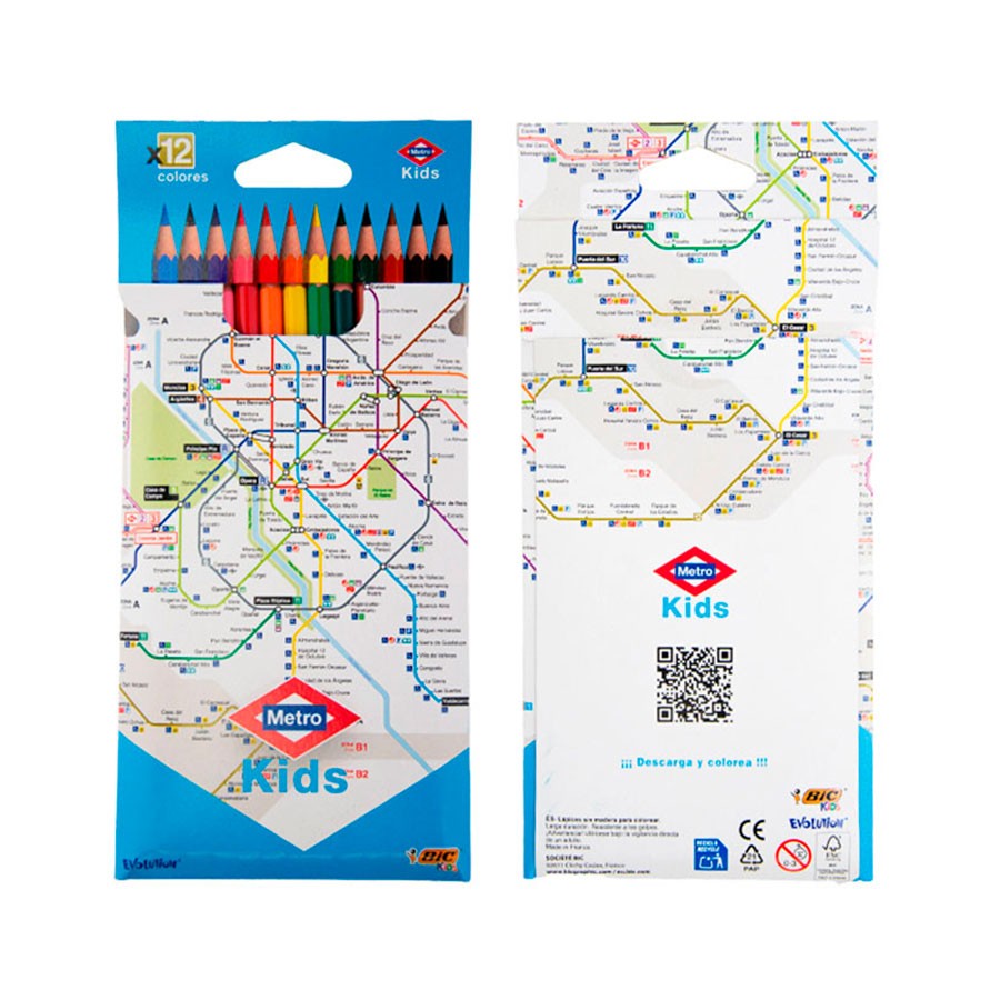 Estuche de colores BIC Kids x12 con diseño de mapa metro, útiles escolares infantiles.
