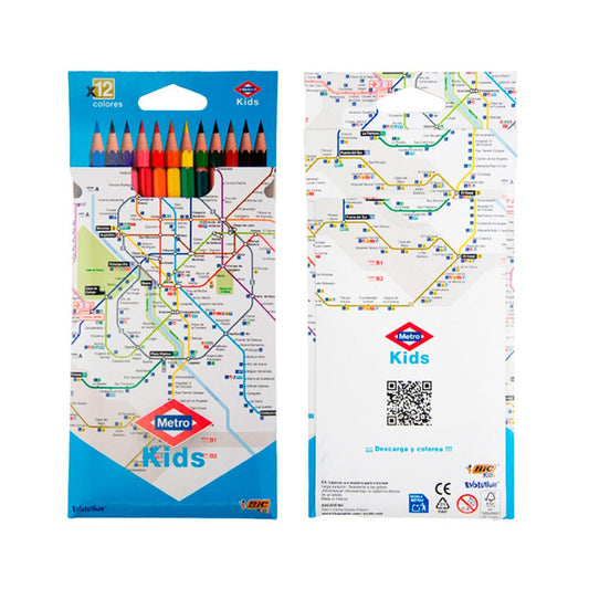Estuche de colores BIC Kids x12 con diseño de mapa metro, útiles escolares infantiles.