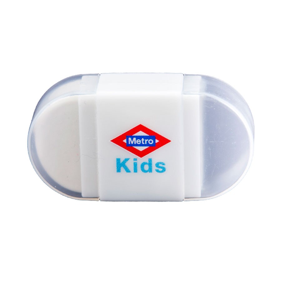 Borrador blanco Metro Kids en estuche de plástico, útil escolar para niños