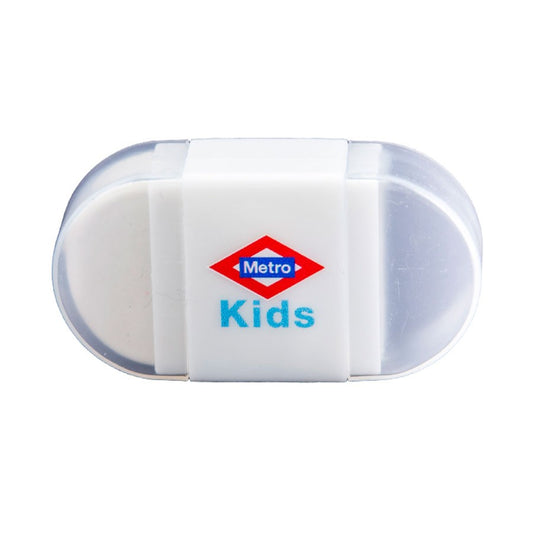 Borrador blanco Metro Kids en estuche de plástico, útil escolar para niños