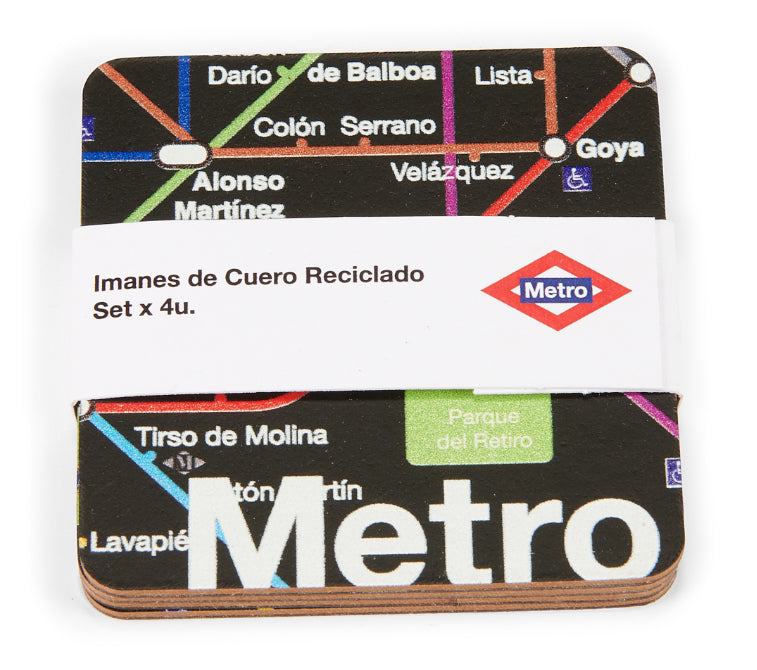 Set de imanes de cuero reciclado con diseño del mapa del Metro de Madrid.