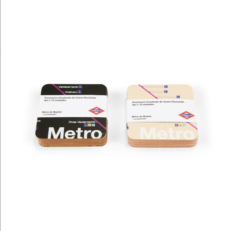 Posavasos cuadrados de cuero reciclado con diseño Metro de Madrid, set de 12 unidades.