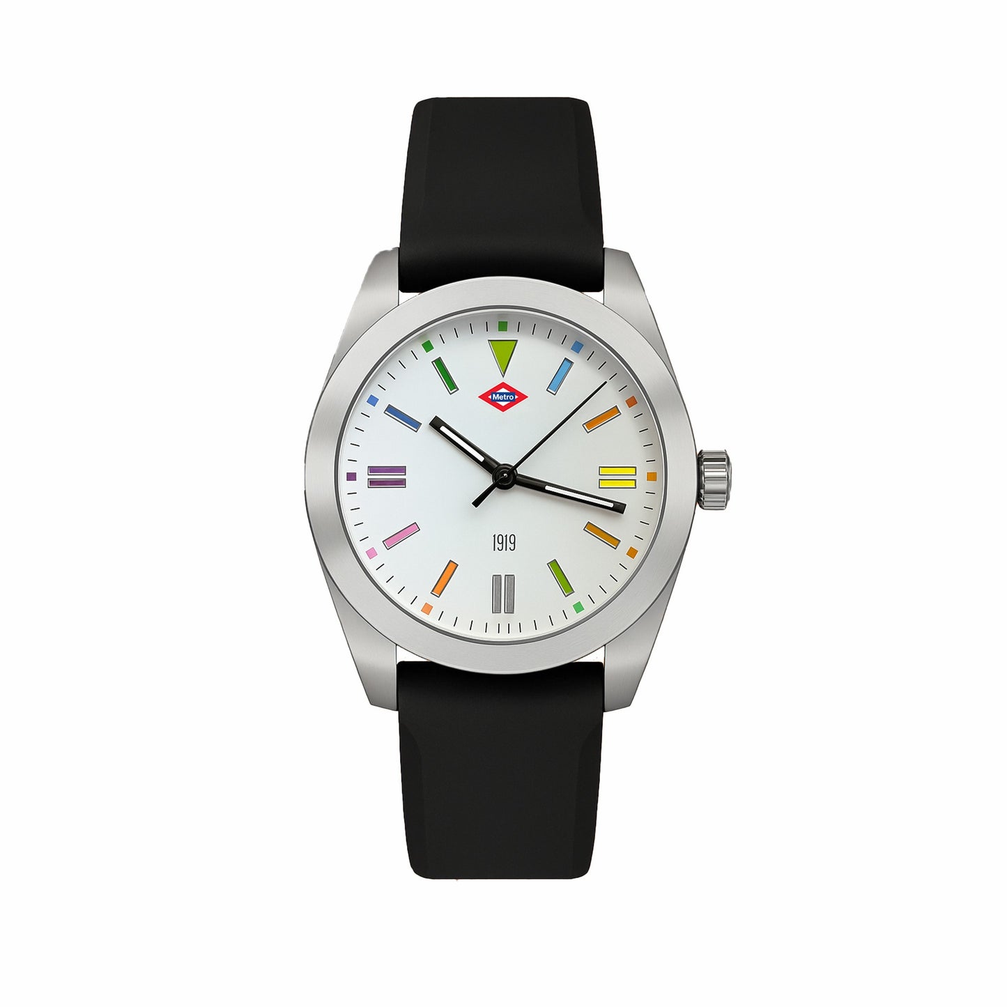 Reloj de pulsera moderno con correa negra, carátula blanca y marcadores de colores.