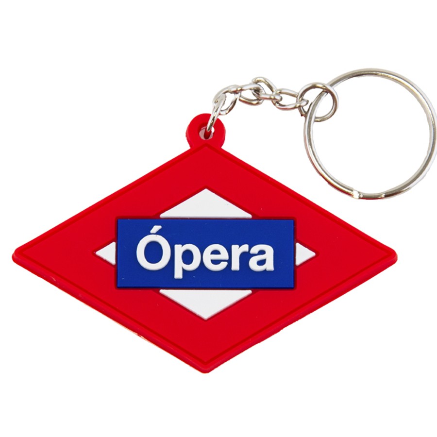 Llavero logo metro de Madrid Ópera, plástico rojo y azul, accesorio souvenirs España