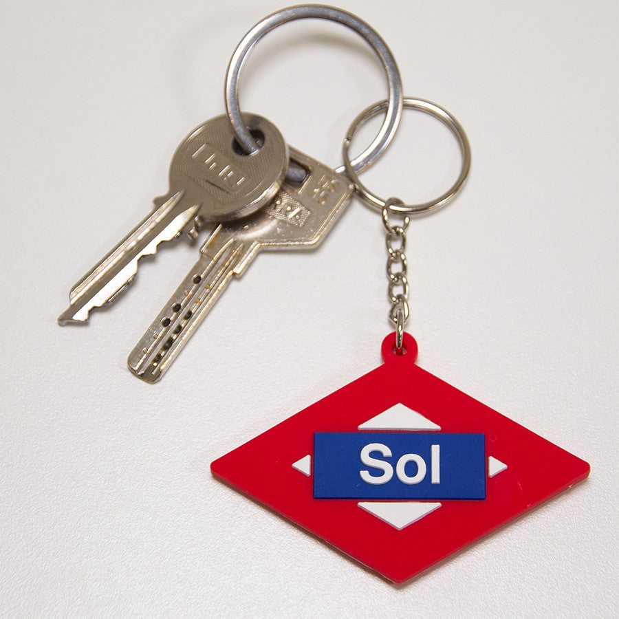 Llavero con llaves y colgante rojo del Metro de Madrid Sol sobre fondo blanco