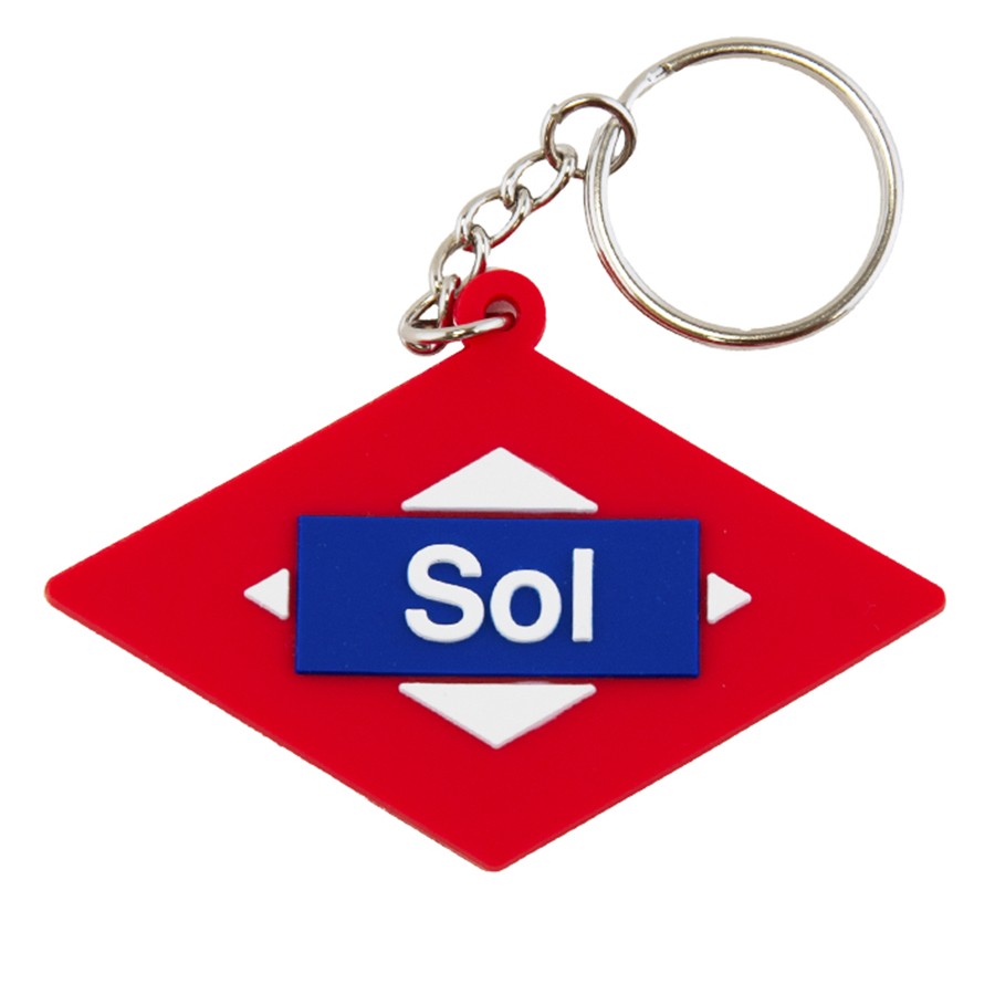 Llavero metro Madrid Sol rojo y azul con anilla metálica, accesorio turístico español