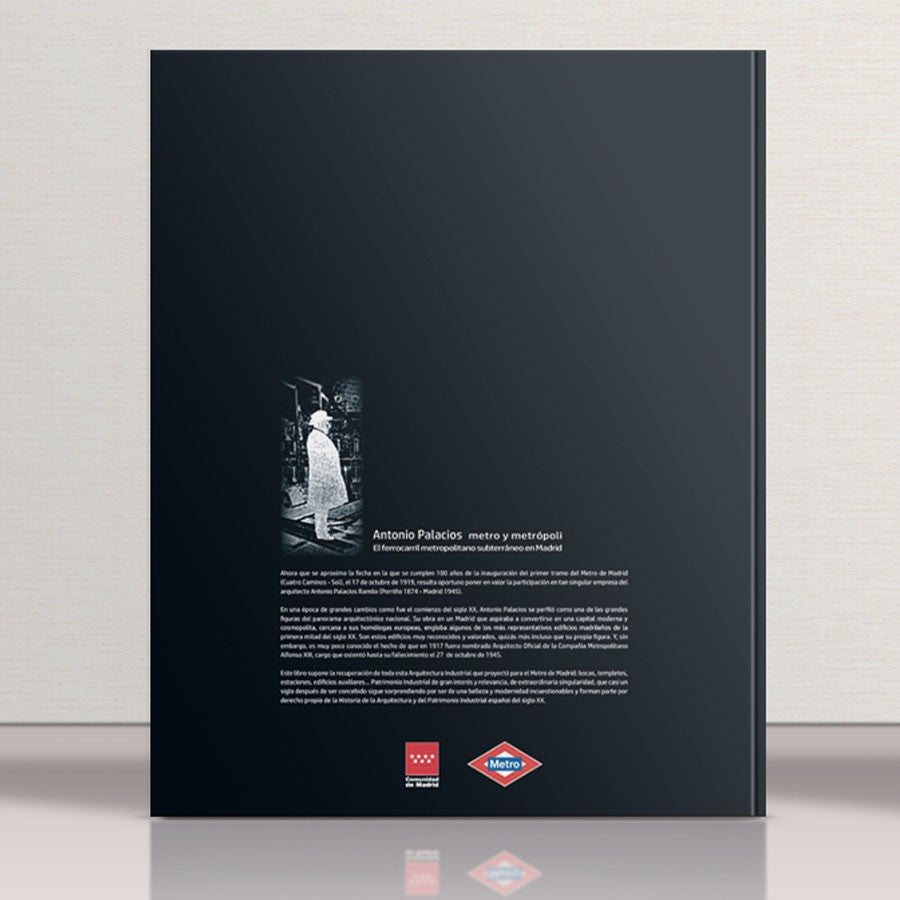 Portada de libro Antonio Palacios metro y metrópoli, fondo negro, imagen arquitecto y logos Metro Madrid