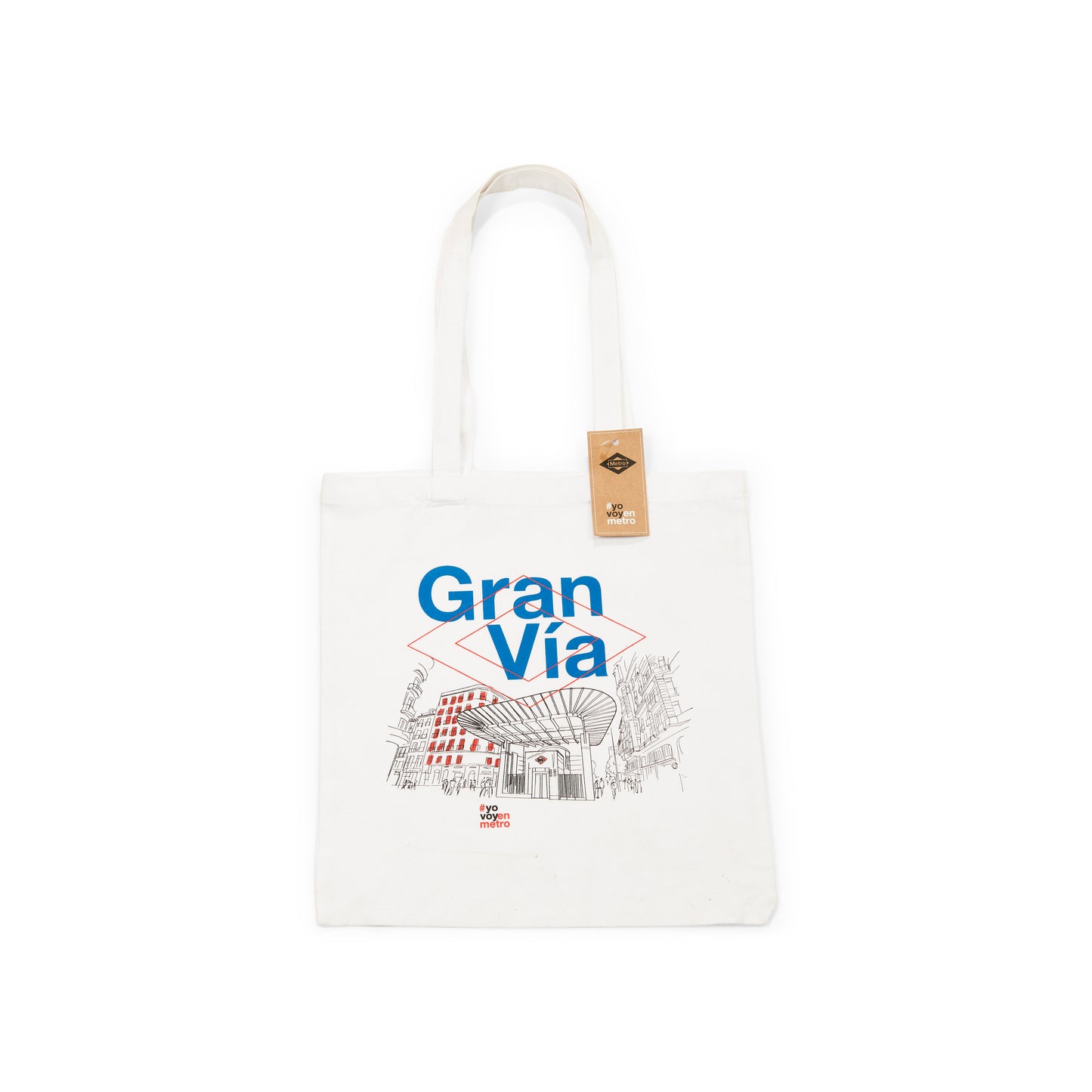 Bolsa de tela blanca con diseño Gran Vía Madrid y dibujo de estación de metro.
