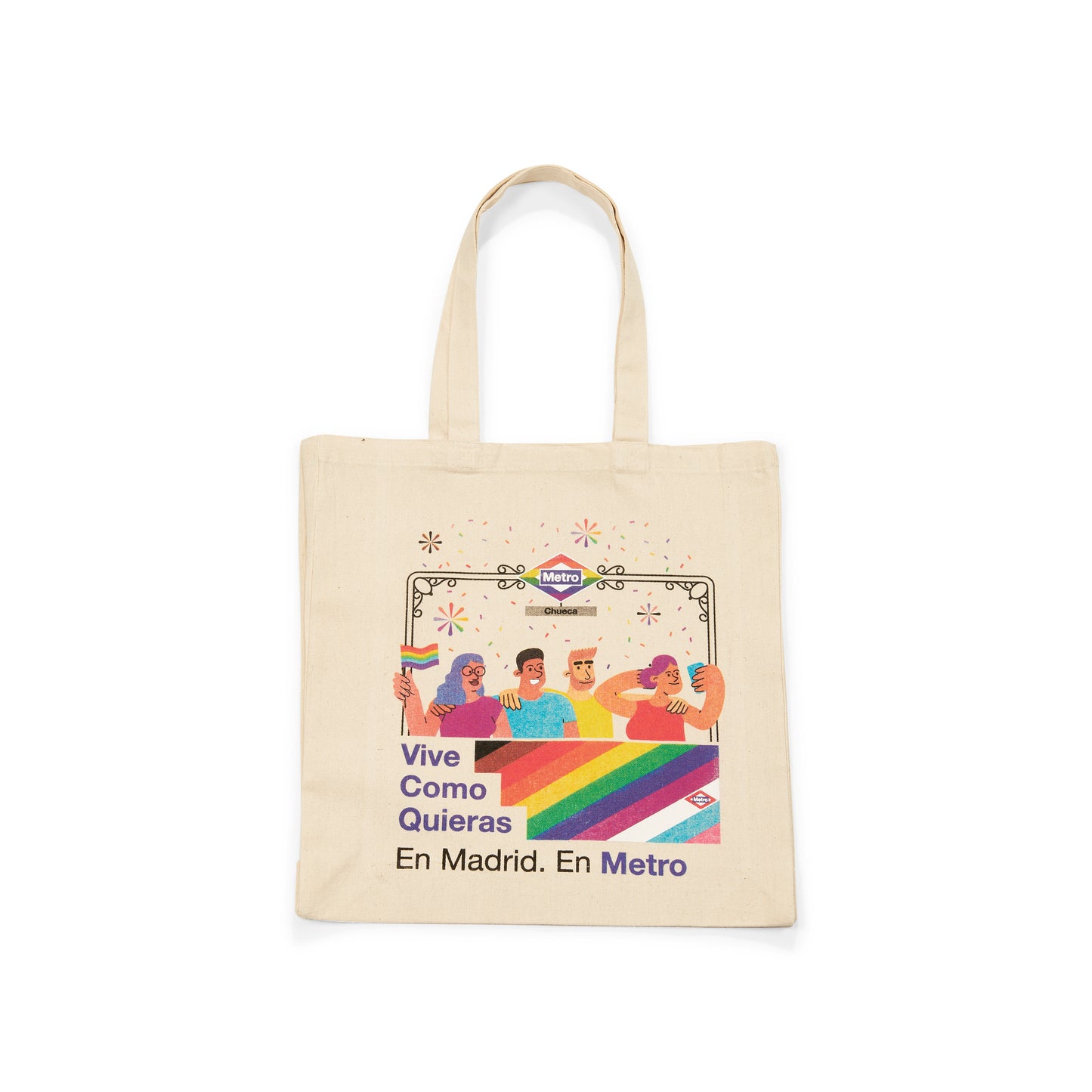 Bolsa de tela Metro Madrid con ilustración LGTBI y bandera arcoíris, texto inclusivo.